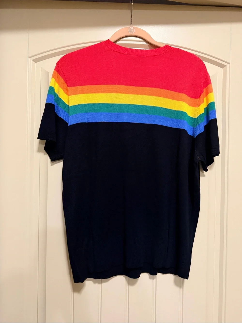 NWT Unique Vintage Red Rainbow Stripe Mickey Short Sleeve Sweater